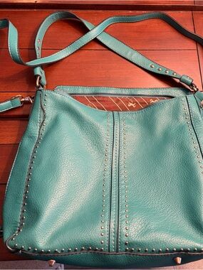 Teal Studded Leather Crossbody Bag - Women's Shoulder Purse